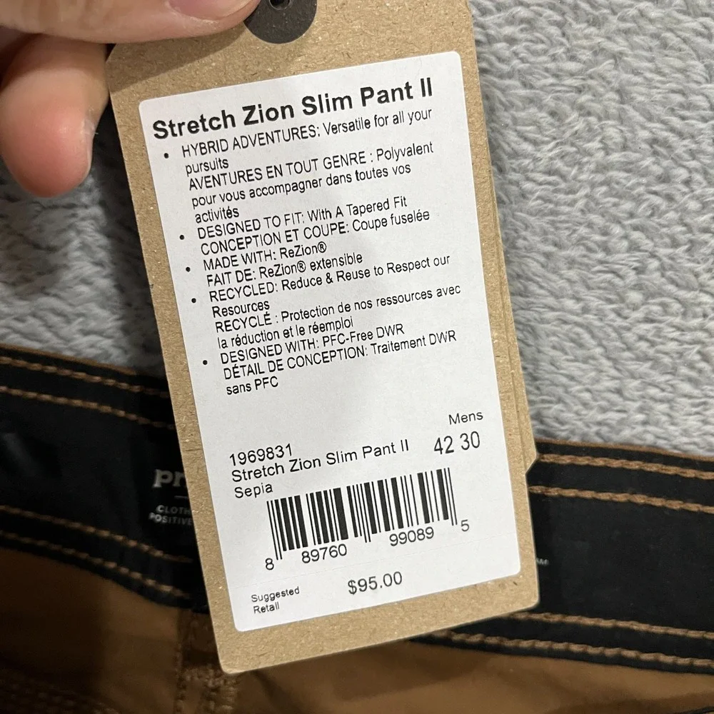 PrAna Stretch Zion Slim Pant II Pants Men 42x30 Sepia Hiking Outdoor Roll Up